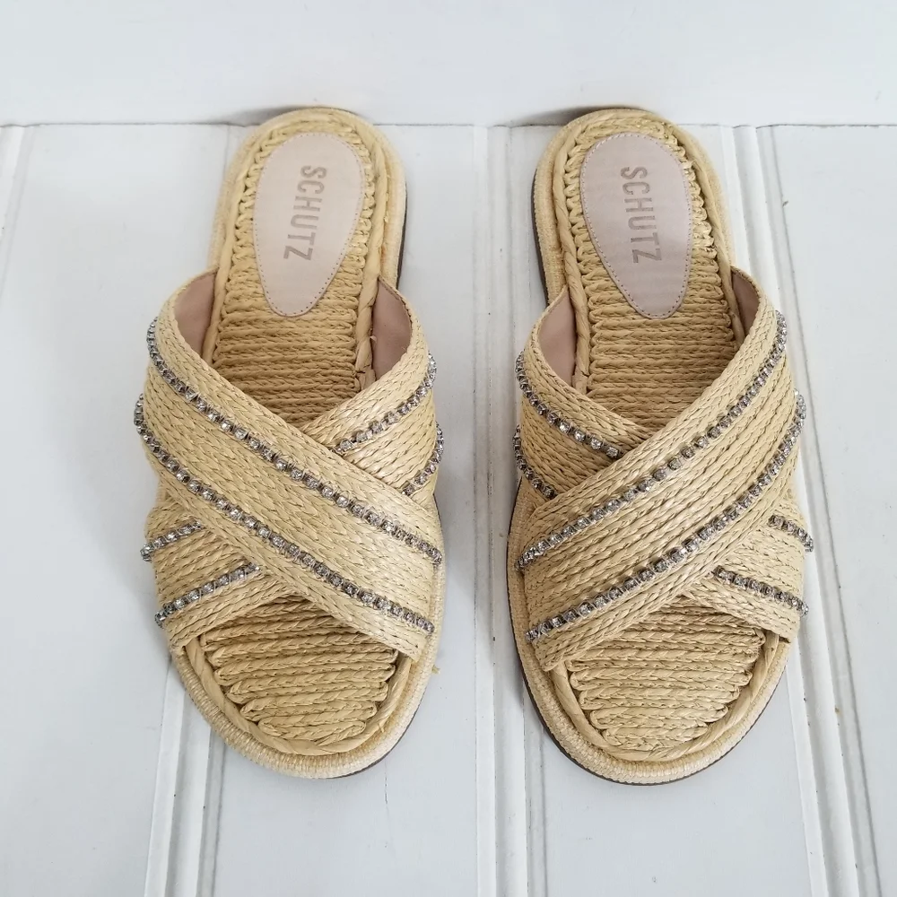 Schutz Rhinestone Raffia Sandals Womens Carlotta Crossover Flat Summer Shoes 6 - Picture 10 of 15
